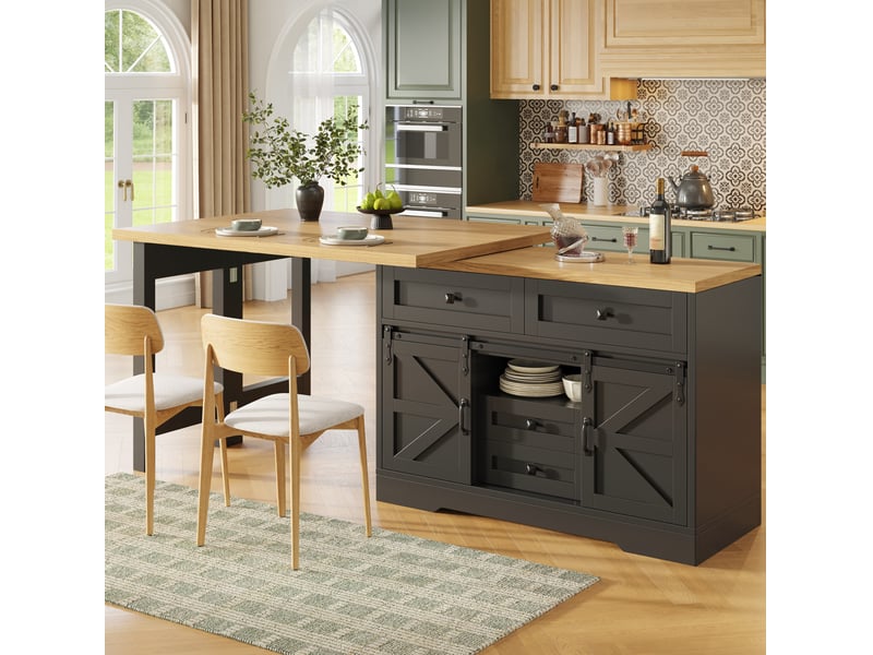 Îlot de cuisine modenvie 2 en 1 avec table à manger extensible, rangement et plateau pivotant, 120 à 197 x 40 x 72 cm, mdf noir aspect chêne - Conforama D