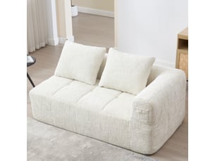 Canapé 2 places beige en tissu chenille, moelleux sans montage avec coussin et poches latérales, 158 cm