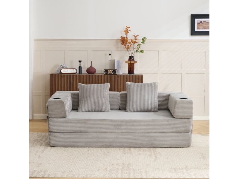 Canapé convertible 2 places pliable avec accoudoirs réglables, porte-gobelets et poches en velours côtelé gris clair - Conforama E