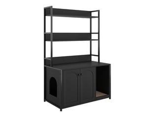 Meuble cache-litière noir avec rangement 3 niveaux et 2 portes