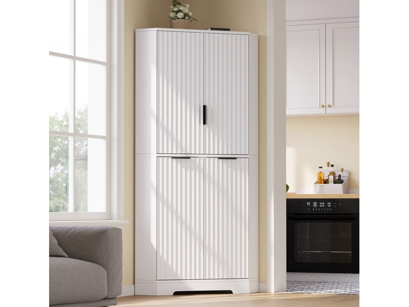 Meuble d'angle de rangement avec 4 portes et étagères réglables pour cuisine et salon en mdf blanc 60 × 60 × 172 cm - Conforama E
