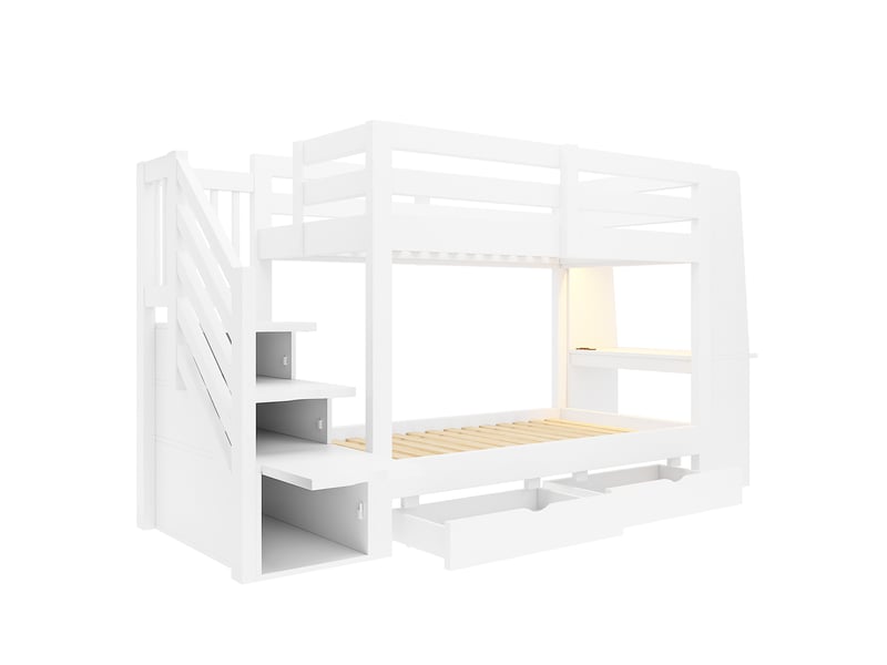  Lit mezzanine 90 × 200 cm 1 place avec bureau, étagères, 2 tiroirs et led réglable, sans matelas, blanc  - Conforama E
