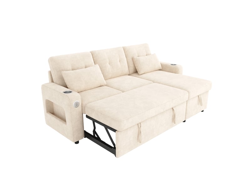  Canapé d’angle convertible en u 206 x 131 x 85 cm 3 places, double méridienne, coffre, porte-gobelets, led, usb, rangement accoudoirs, beige Bliss Lite - Conforama A