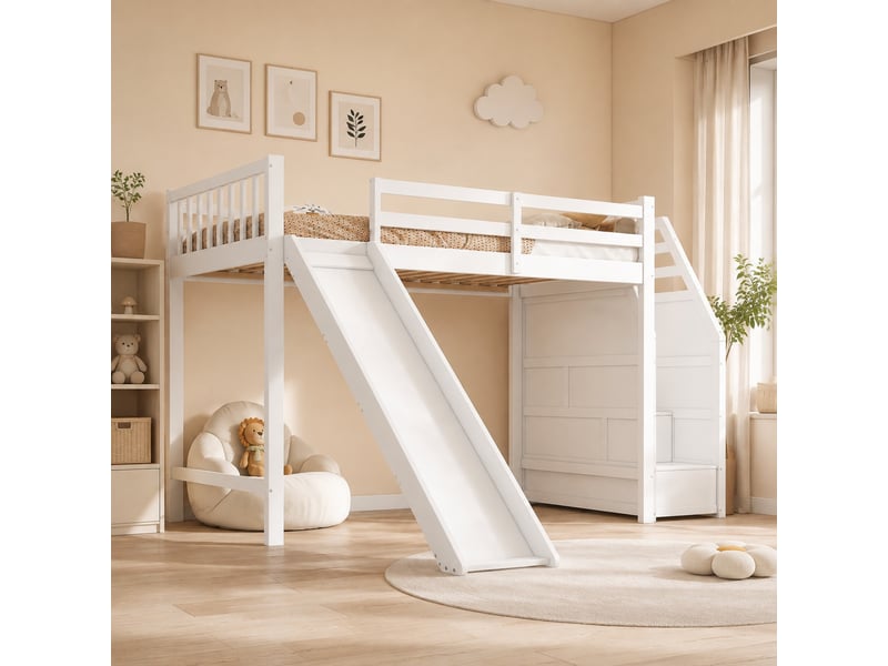 Lit mezzanine enfant 1 place 90×200 cm avec toboggan et escalier de rangement - okmyhome- sans matelas, pin blanc - Conforama B