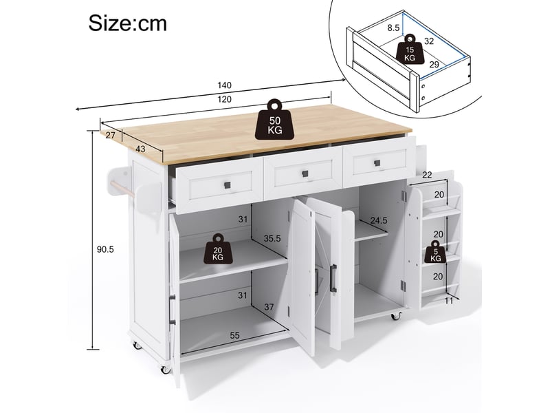 Îlot de cuisine avec plateau de travail rabattable, équipé de 5 roues à frein, 4 portes, 3 tiroirs, étagère sur porte, porte-serviettes double face, design style grange, blanc, 140x43(70)x90,5 cm - Conforama C