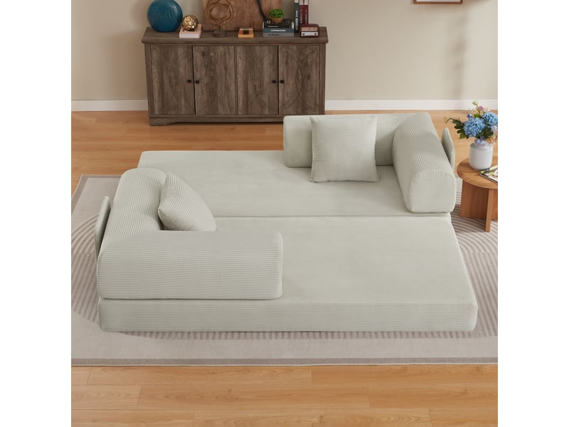  Canapé-lit convertible canapé modulable canapé au sol 2 places canapé compressé en velours côtelé avec poches, beige  - Conforama E