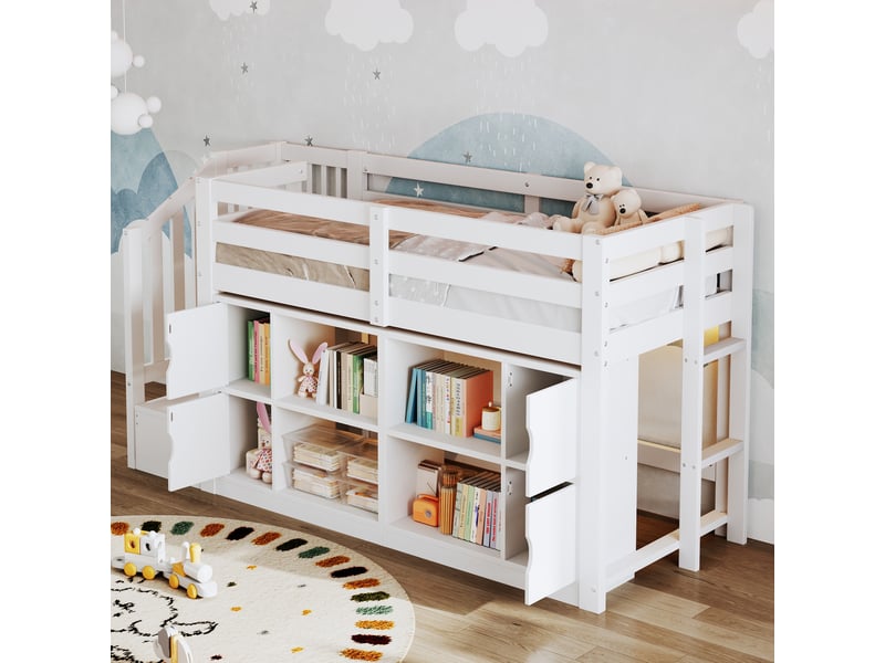  Lit mezzanine 90x200 cm blanc mdf et bois, bibliothèque, placards, escalier de rangement et éclairage led  - Conforama B