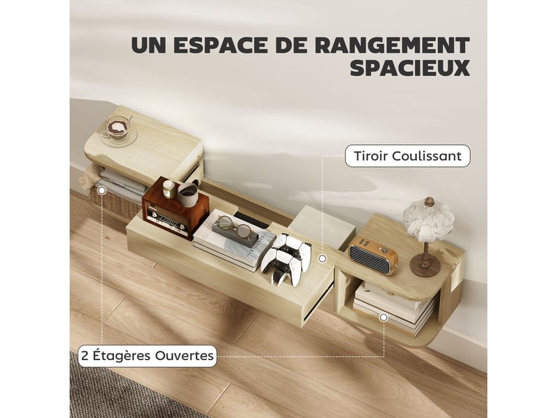  Meuble tv suspendu meuble télé pour téléviseur 50 pouces tiroir étagères passe-câbles effet bois naturel 120x24x22,4cm  - Conforama E