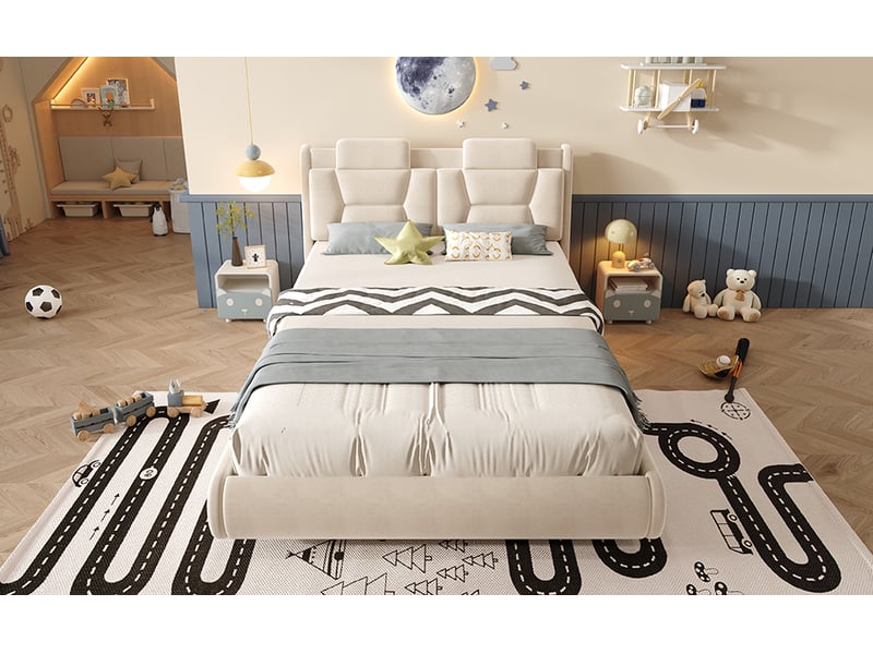  Lit enfant capitonné 140x200 cm beige velours design voiture tête de lit réglable 2 hauteurs roues lumineuses Sol Morn - Conforama B