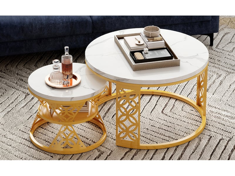  Table basse gigogne ronde 2 pièces effet marbre blanc structure métal doré cravdom  - Conforama C