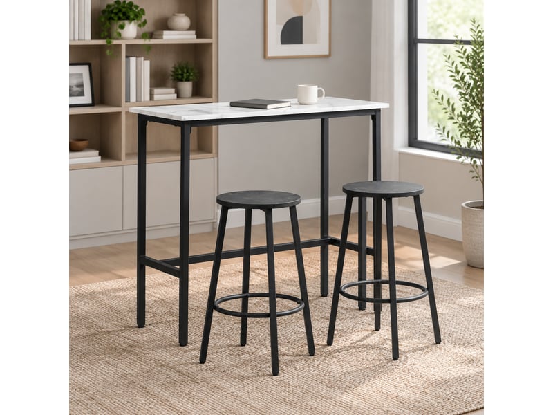  Ensemble table et chaises de bar avec 1 table et 2 tabourets  - repose-pieds - acier - blanc  - Conforama C