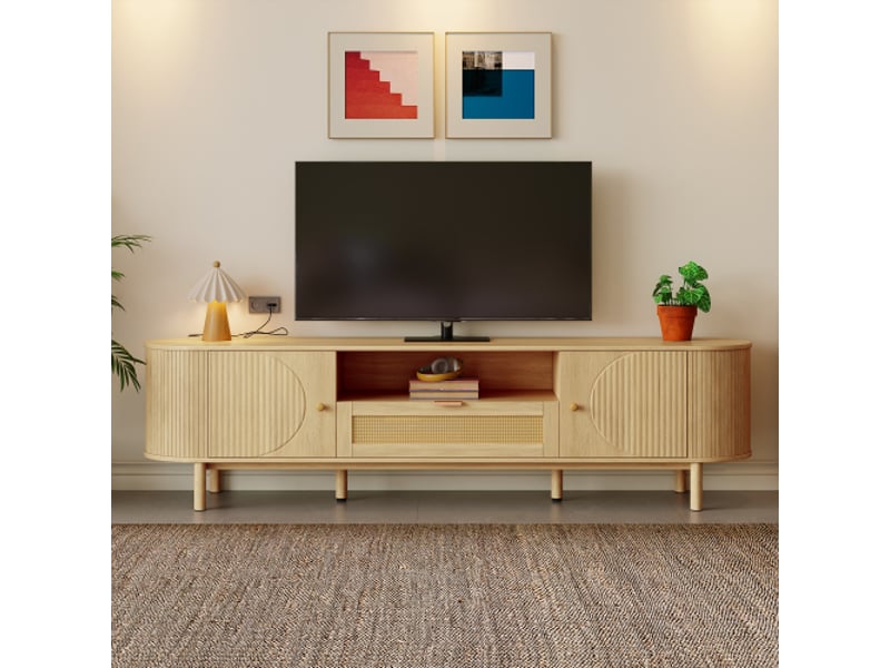  Meuble tv moderne avec tiroirs en rotin avec compartiments ouverts-plateau arrondi-pieds en métal aspect bois-multifonctionnel  - Conforama B