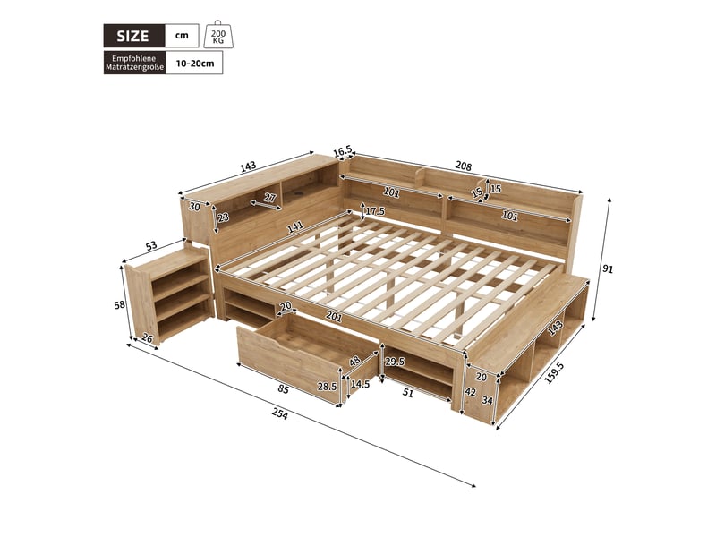 Lit enfant multifonction avec rangements 140x200 cm, chevet intégré, étagères, placards et tiroirs, recharge sans fil, finition bois naturel Radiant Stride - Conforama C