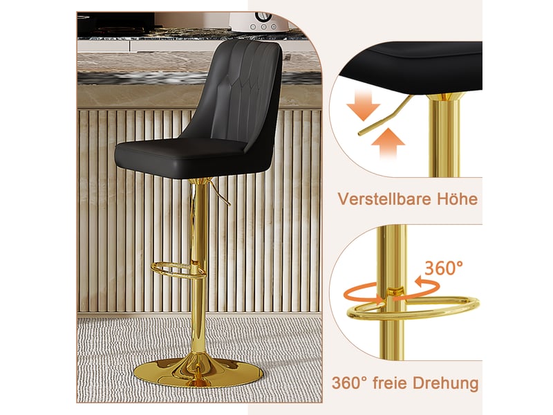  Lot de 2 tabourets de bar à hauteur réglable pivotants 360°, chaise haute cuisine, pied métal, polyuréthane, noir et or  - Conforama E