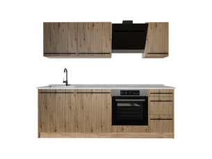 Vicco cuisine, chêne artisanchêne doré, 220cm plan de travail marbre