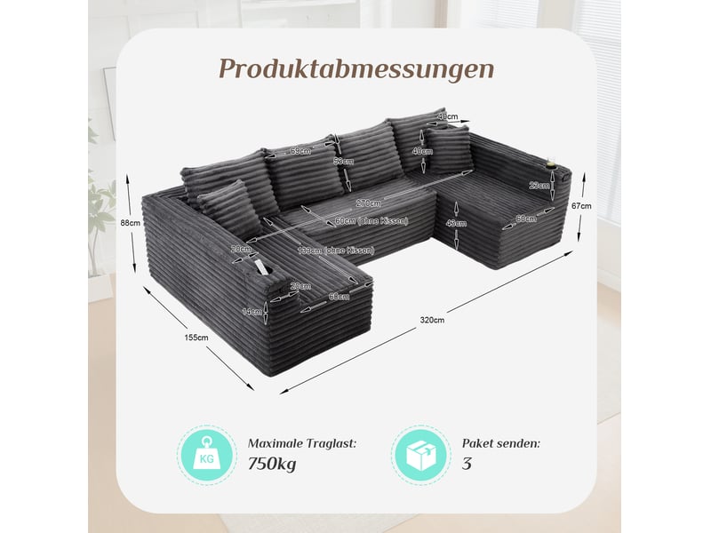  Canapé modulable en u modenvie 6 places gris foncé en velours côtelé avec porte-gobelets et poches latérales 320 x 155 x 88 cm  - Conforama C
