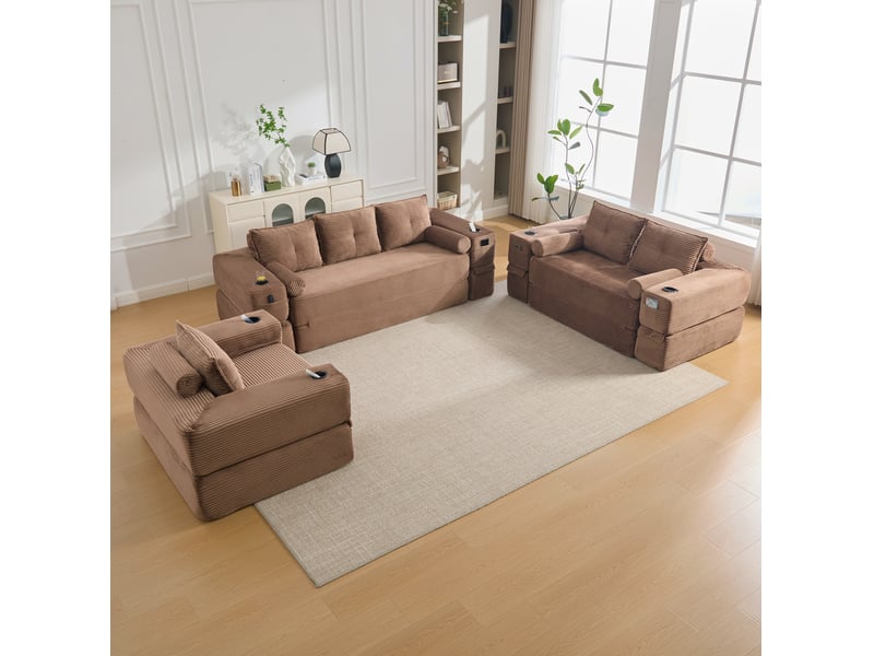  Canapé convertible 3 places avec couchage, poches latérales, porte-gobelets et coussins en velours côtelé marron  - Conforama E