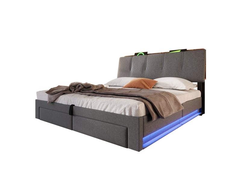 Lit coffre 140x200 cm, lit double, rangement hydraulique, led, lin gris, usb et usb-c - Conforama B