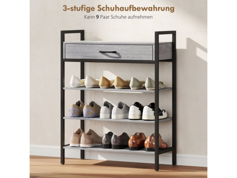 Étagère à chaussures 4 niveaux, jusqu'à 9 paires, métal et panneaux de particules, gris - Conforama B