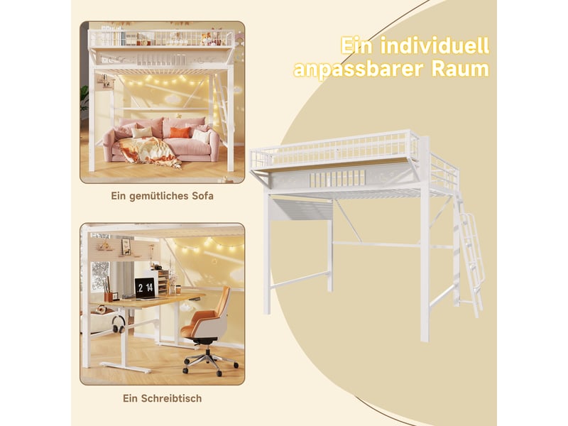 Lit mezzanine 2 places 140×200 cm, rangements et espace ouvert - sans matelas, métal blanc - Conforama E