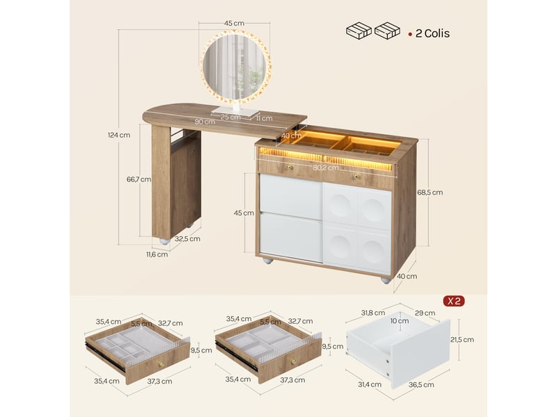  Coiffeuse avec miroir led,avec éclairage et casiers à bijoux,tiroirs,étagères,blanc+chêne brun clair  - Conforama D