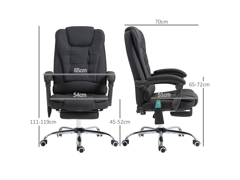  Fauteuil de bureau massant chauffant noir en tissu, inclinable à 135° avec repose-pieds et télécommande intégrée  - Conforama C