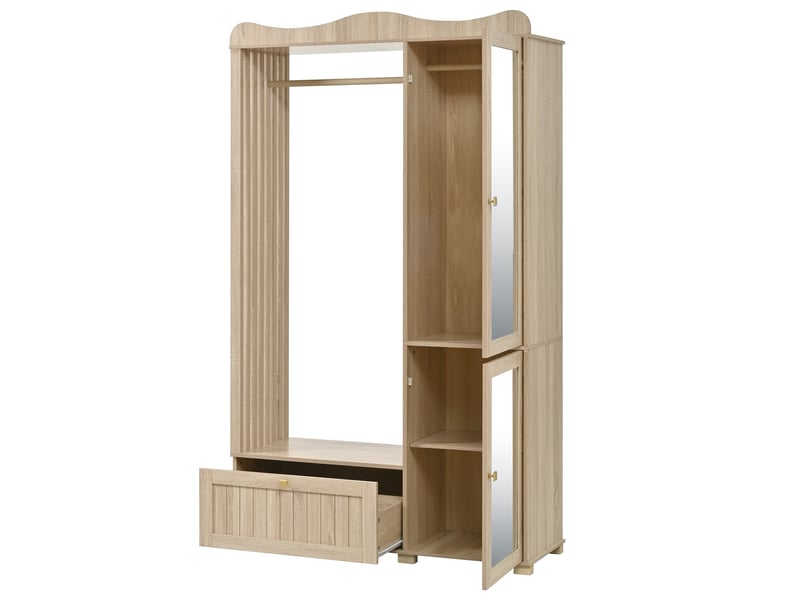  Armoire ouverte avec 2 portes, 1 tiroir et miroir, tringle à vêtements, pour chambre et entrée, en mdf, 115 × 35 × 195 cm, chêne  - Conforama A