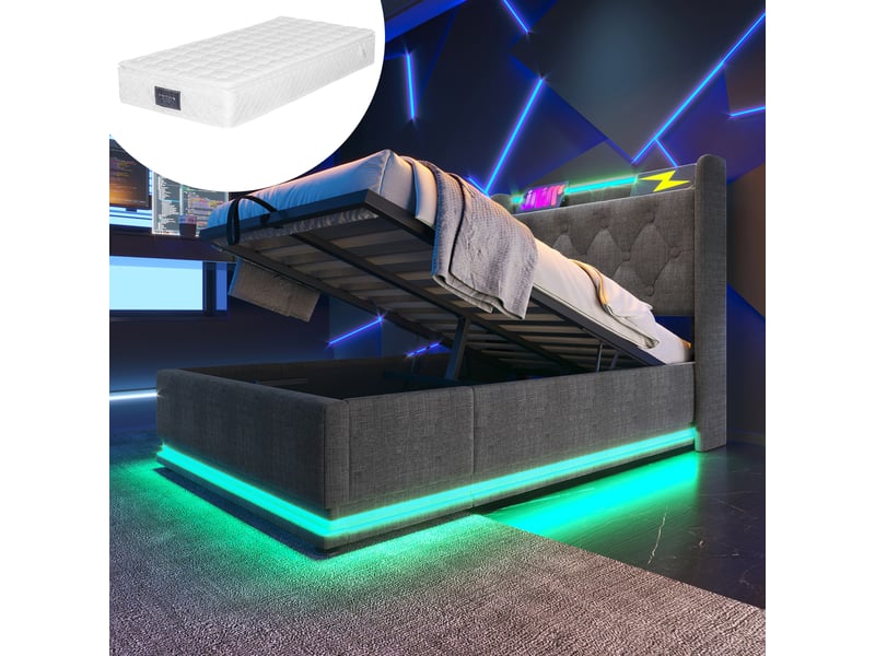  Lit 1 personne 90x200 cm avec led et usb, cadre de lit avec matelas et tête de lit en lin, lit simple, gris  - Conforama A