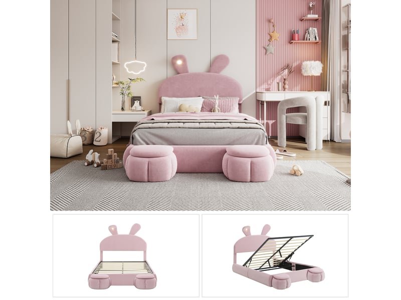  Lit simple 140x200 cm - lit junior avec oreilles de lapin, rembourré et 2 tabourets de rangement - velours - rose  - Conforama D