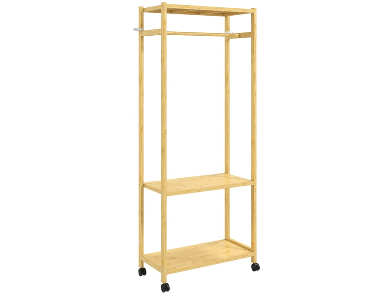  Portant à vêtements sur roulettes 70 x 35 x 175 cm avec tringle et 2 étagères avec freins scandinave en bambou naturel 21_0005896  - Conforama A