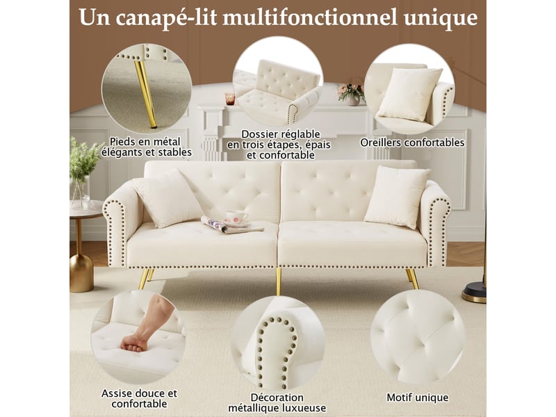 Canapé convertible 2 places en velours, dossier réglable 3 positions, pieds en métal doré, 173x75x70 cm - Conforama C