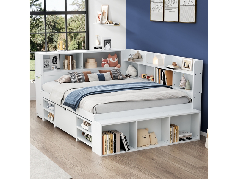  Lit enfant 140x200 cm - lit combiné avec tiroirs et bibliothèque, lit avec rangement blanc, sans matelas  - Conforama B