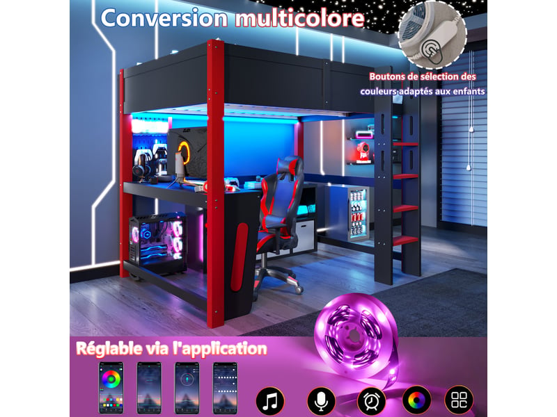 Lit mezzanine 140x200 cm en pin, bureau, panneau perforé, bandeau led, sans matelas, noir - Conforama D