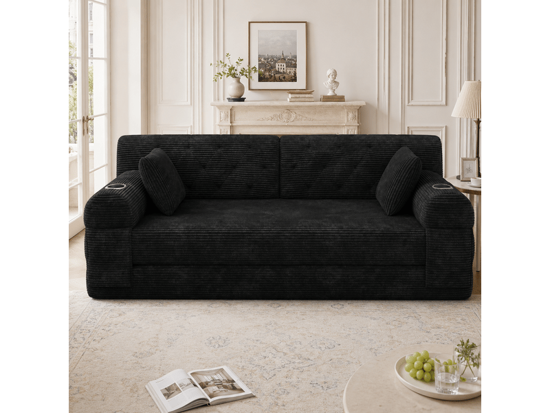 Canapé convertible, canapé-lit, 2 places, en velours, noir, poches latérales, porte-gobelets, format compressé, structure métallique - Conforama D