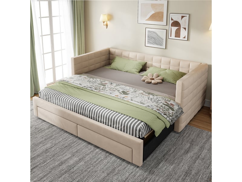  Lit coffre 3en1 90180x190cm - canapé lit escamotable + 2 tiroirs + latttes - lin - beige CozyNest - Conforama C