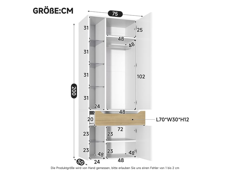  Armoire blanche avec led et vitrine en verre 75x50x200 cm - penderie mdf avec 1 tiroir et 6 étagères  - Conforama C