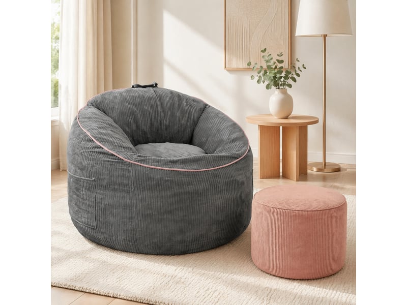  Fauteuil poire modenvie ergonomique gris avec poche de rangement et pouf cylindrique assorti  - Conforama D