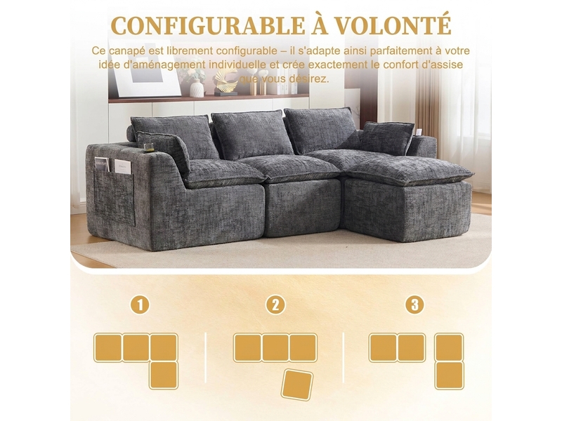  Canapé modulaire 3 places avec pouf assorti - rangement latéral 256 x 161 x 75 cm confortable  - Conforama W