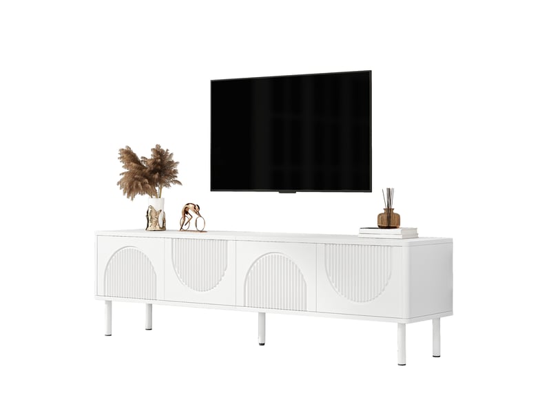  Meuble tv blanc, rangement, gestion des câbles, étagères réglables, plan relevable, design moderne - 180x40x52cm - salon  - Conforama A