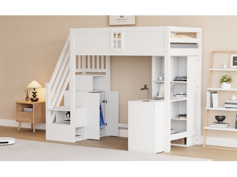 Lit mezzanine 90x200 cm avec bureau et tiroirs, lit enfant avec placards de rangement et barrière, blanc, lit simple en bois - Conforama W