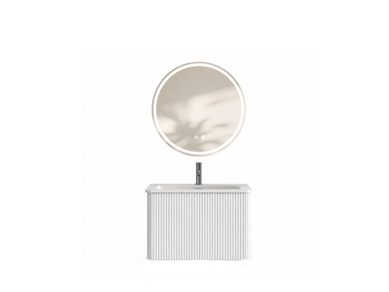 Meuble sous vasque suspendu avec 1 tiroir, vasque intégrée et miroir led rond pour salle de bain blanc 61 × 46,5 cm - Conforama A