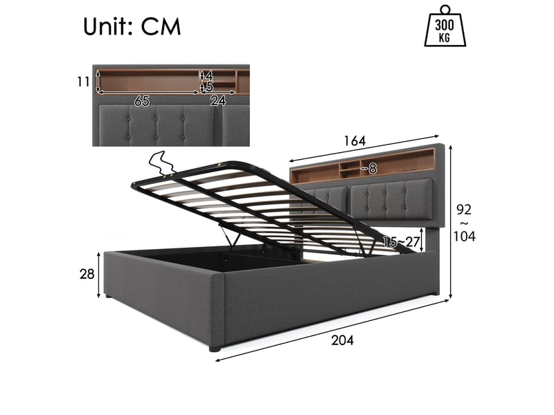Lit coffre 160x200 avec usb et prises, tête de lit réglable, gris cravdom - Conforama E