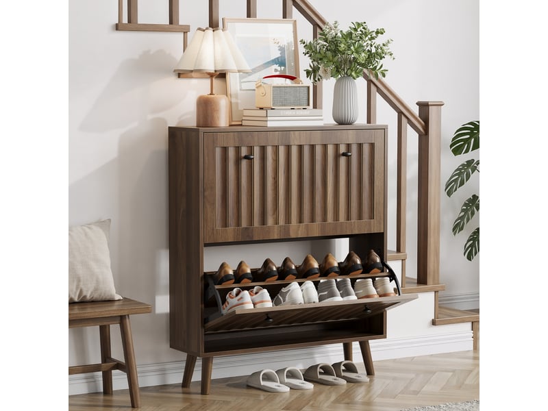  Meuble à chaussures 80x24x95 cm, armoire rangement avec 2 compartiments abattants et étagères réglables pour entrée  - Conforama E