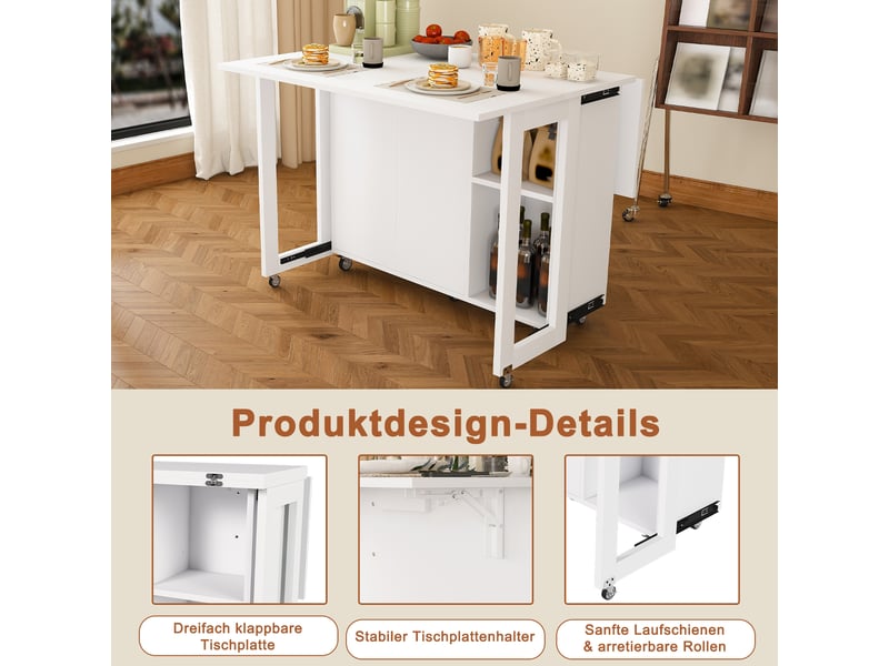  Table à manger pliante blanche, îlot de cuisine mobile sur roulettes avec rangement (sans matelas)  - Conforama D