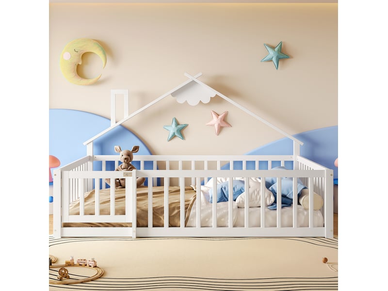  Lit cabane ulevr 140x190 cm avec barrière de sécurité à verrou, structure en pin et mdf, blanc  - Conforama B
