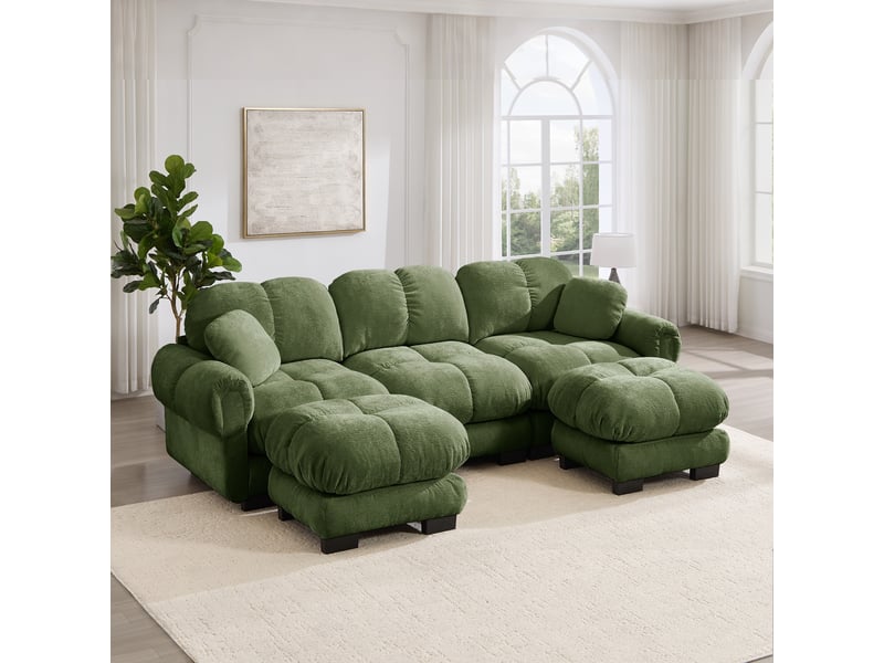  Canapé en u 3 places - 260x149x90cm - sofa cloud modulable en chenille avec 2 ottomans, coussins et assise profonde - vert  - Conforama C