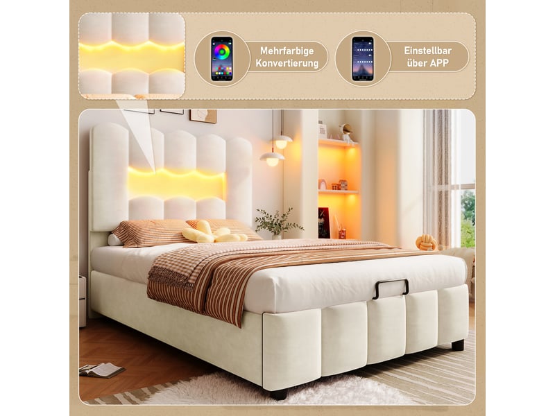  Lit rembourré 90 x 200 cm sans matelas, éclairage led, coffre hydraulique, tête réglable, velours beige  - Conforama C