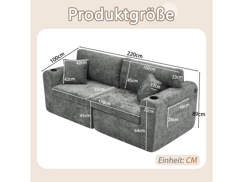  Canapé droit 2 places avec poches latérales et porte-gobelets  - coussins, chenille - gris  - Conforama D