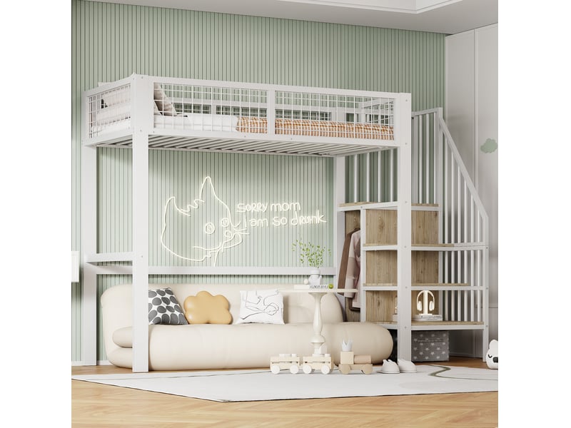  Lit mezzanine enfant 90x200 cm avec échelle et rangements coloris blanc  - Conforama D