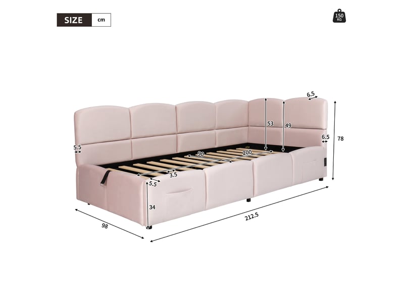  Modenvie lit coffre 90x200 cm - avec ports usb et poche de rangement, sans matelas - rose  - Conforama C